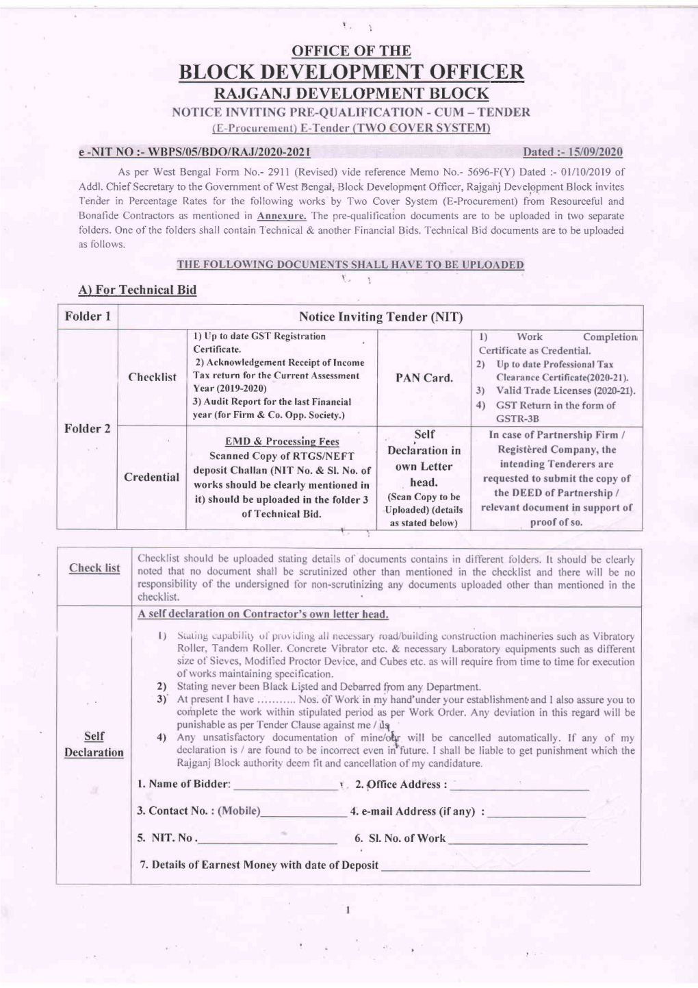 Block Development Officer Rajganj Dbvelopment Block Notice Inviting Pre-Qualification - Cum Tender