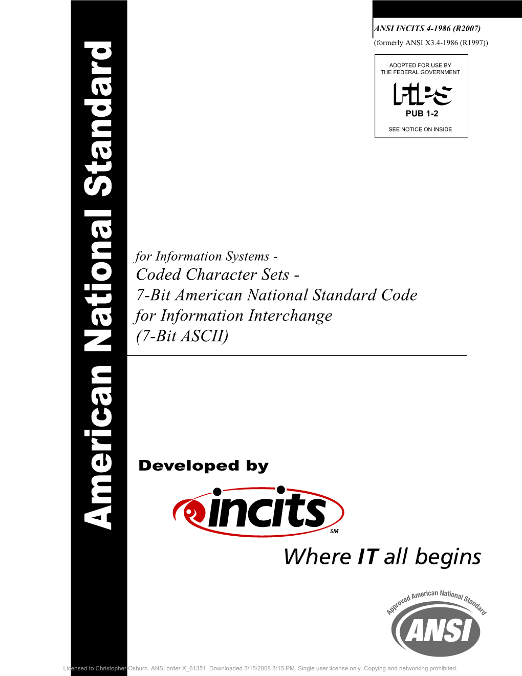 Coded Character Sets - 7-Bit American National Standard Code for Information Interchange (7-Bit ASCII)