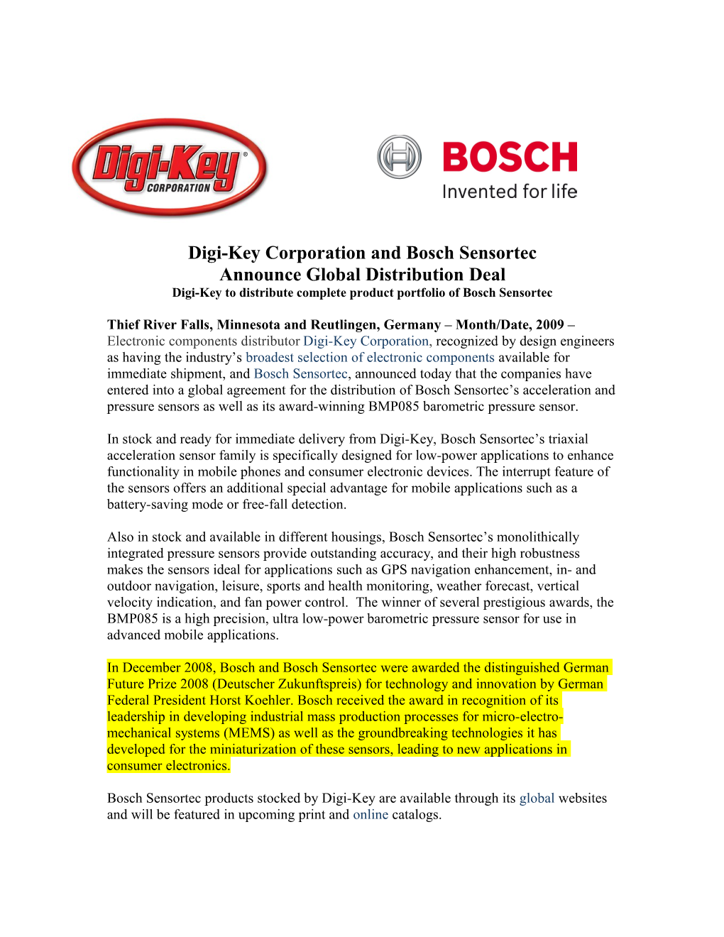 Digi-Key Corporation and Bosch Sensortec Announce Global Distribution Deal