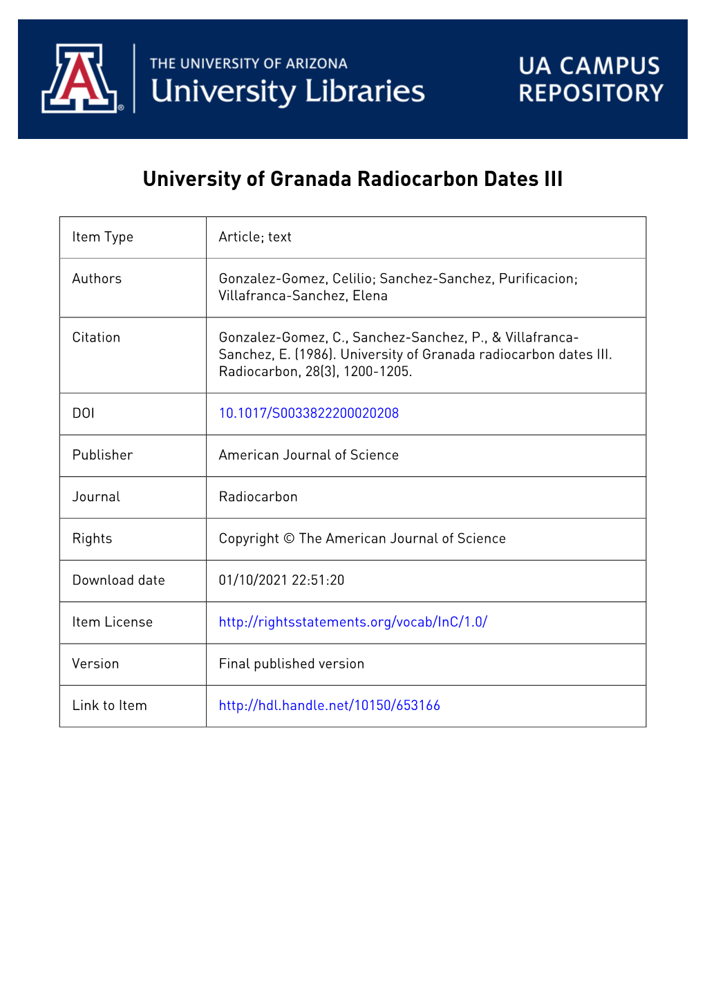 University of Granada Radiocarbon Dates III