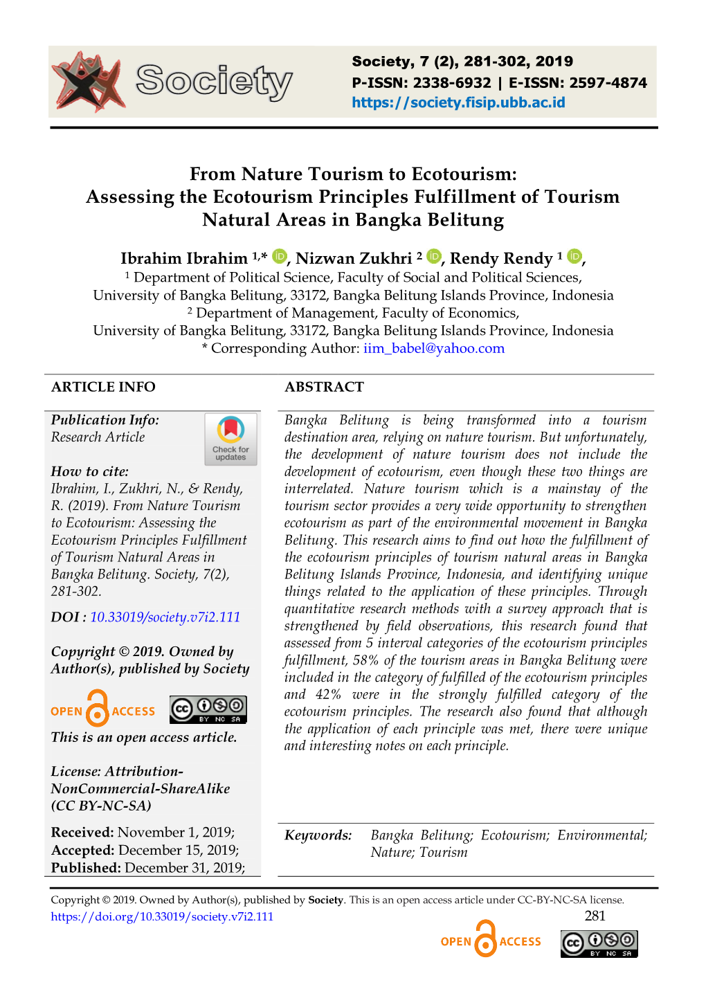 From Nature Tourism to Ecotourism: Assessing the Ecotourism Principles Fulfillment of Tourism Natural Areas in Bangka Belitung