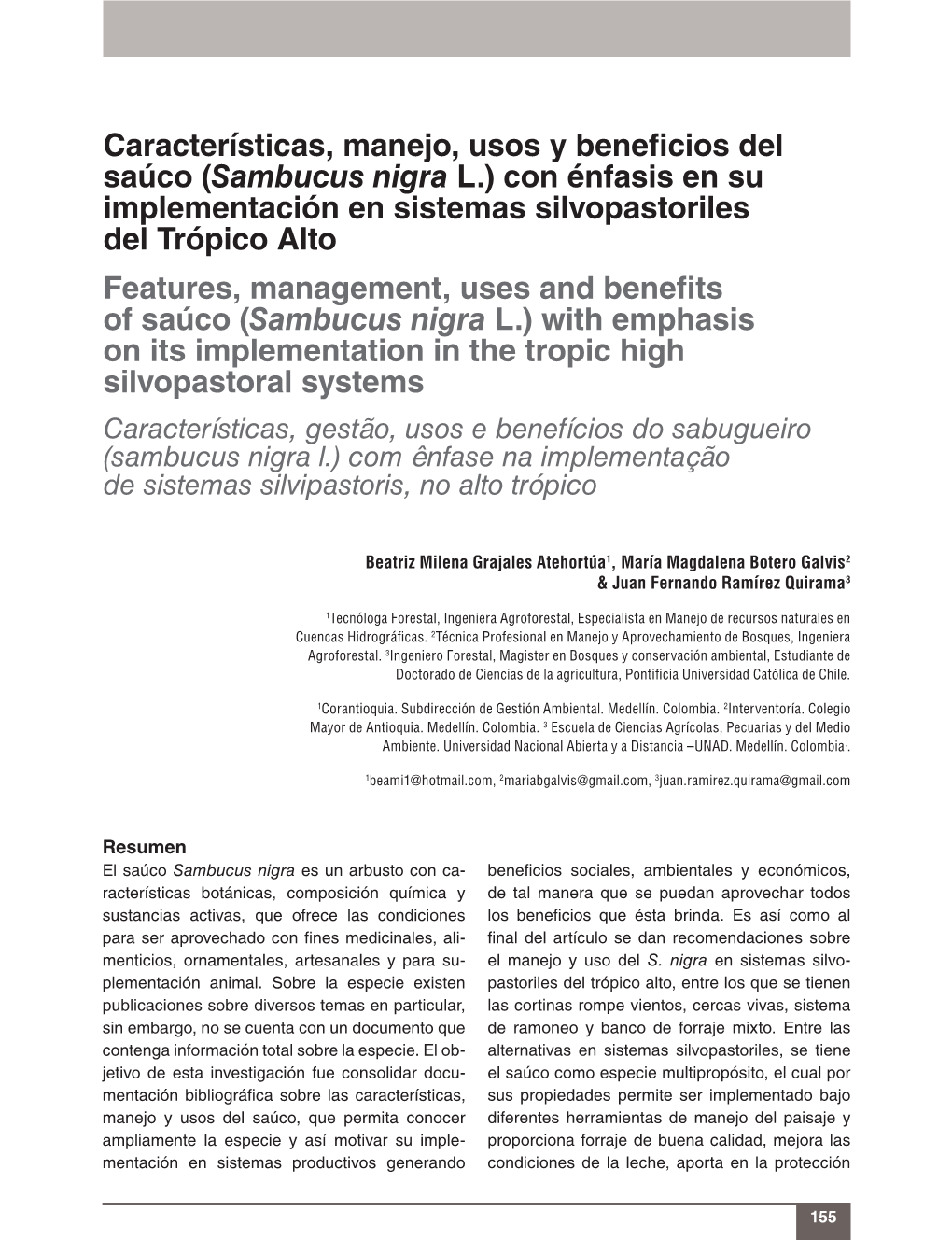 (Sambucus Nigra L.) Con Énfasis En Su Implementación En Sistemas Silvop