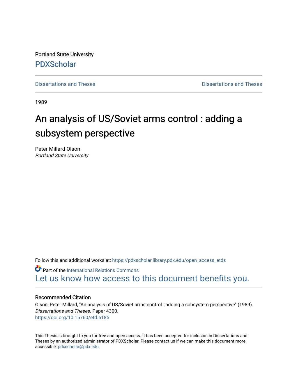 An Analysis of US/Soviet Arms Control : Adding a Subsystem Perspective