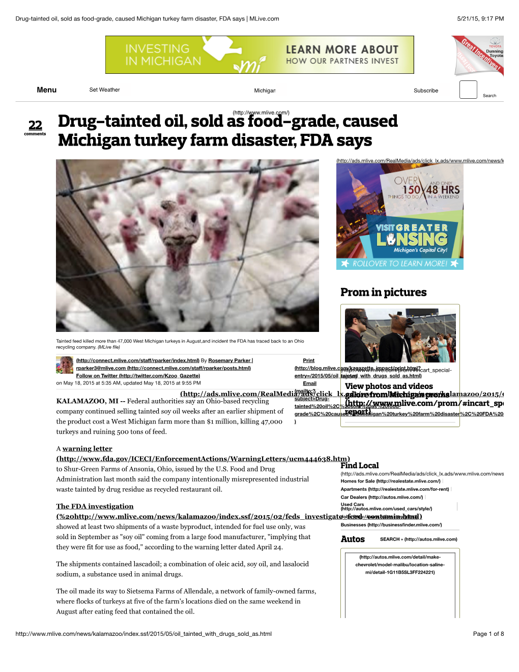 Drug-Tainted Oil, Sold As Food-Grade, Caused Michigan Turkey Farm Disaster, FDA Says | Mlive.Com 5/21/15, 9:17 PM