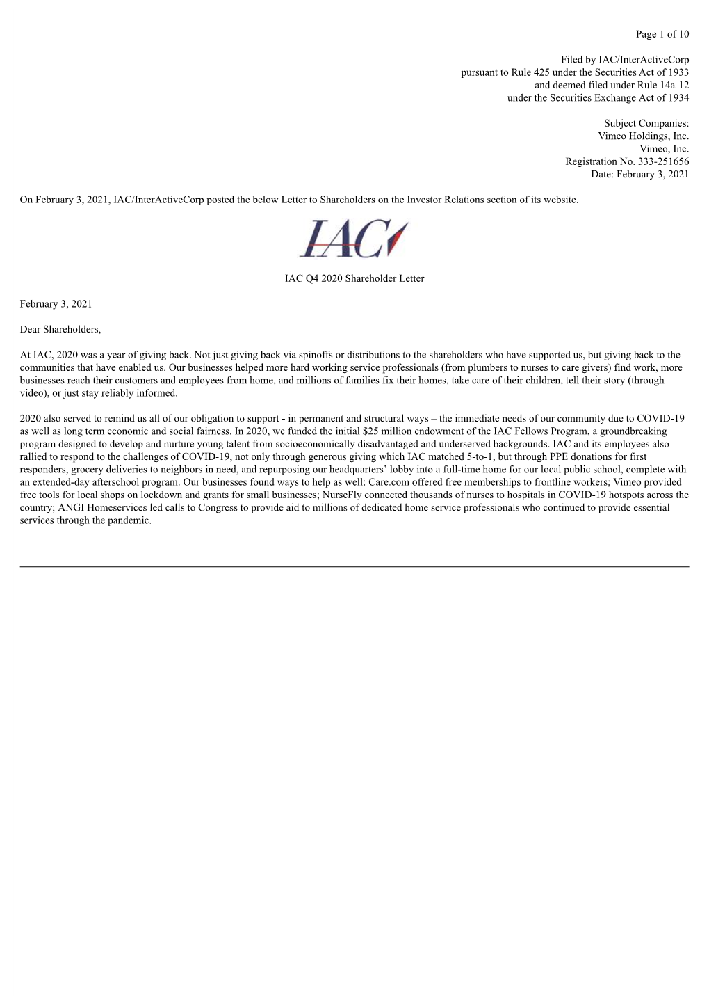 Of 10 Filed by IAC/Interactivecorp Pursuant to Rule