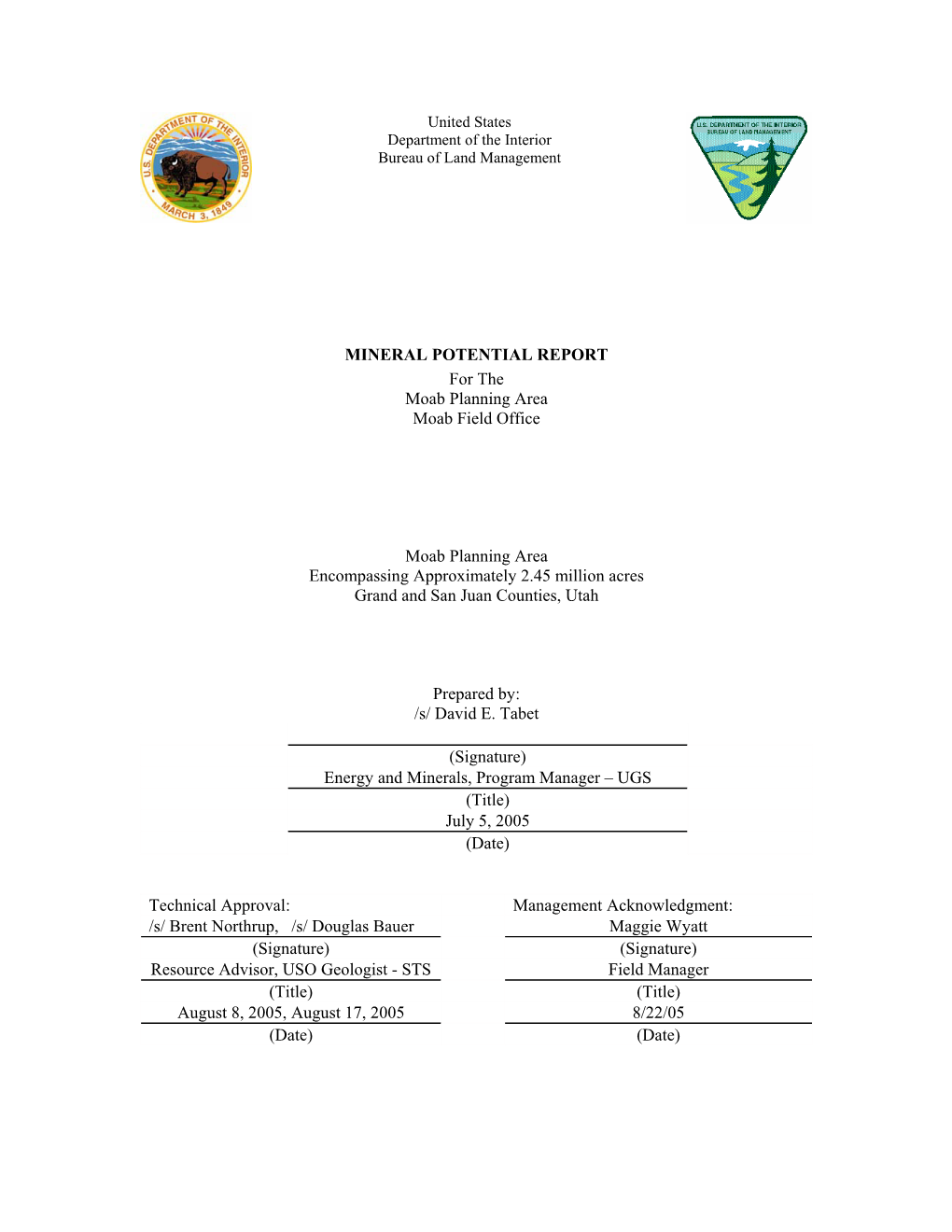 MINERAL POTENTIAL REPORT for the Moab Planning Area Moab Field Office