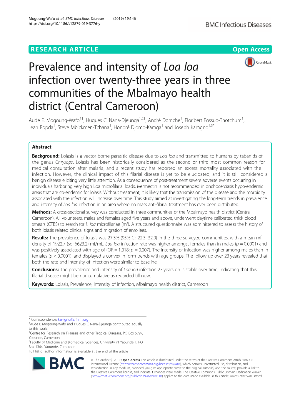 Prevalence and Intensity of Loa Loa Infection Over Twenty-Three Years in Three Communities of the Mbalmayo Health District (Central Cameroon) Aude E