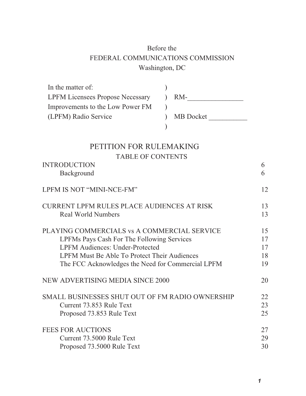 PETITION for RULEMAKING TABLE of CONTENTS INTRODUCTION 6 Background 6