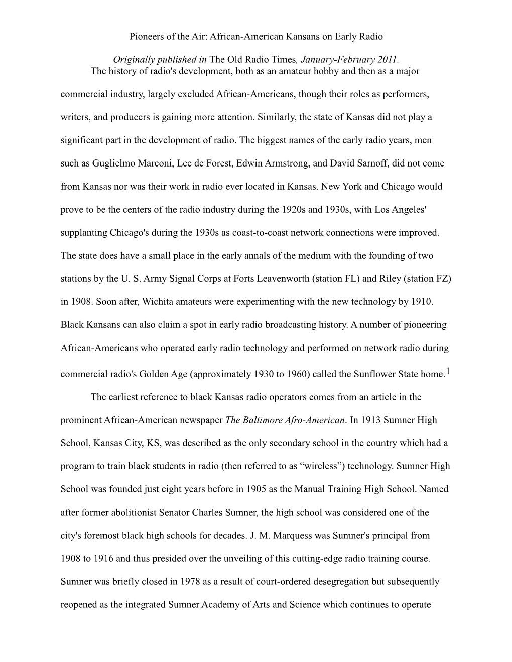 Black Kansas Radio Operators Comes from an Article in the Prominent African-American Newspaper the Baltimore Afro-American