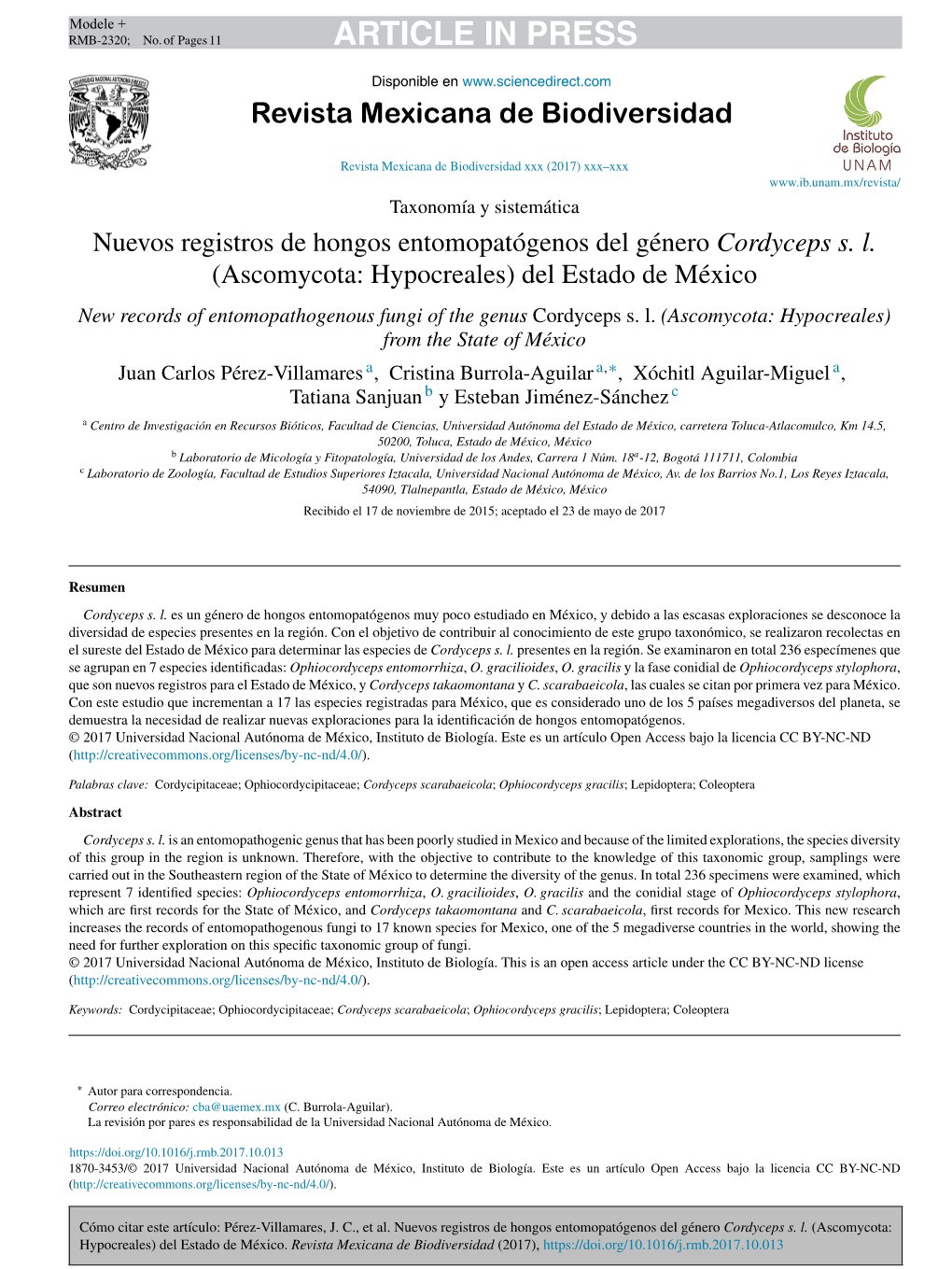 Nuevos Registros De Hongos Entomopatógenos Del Género Cordyceps S