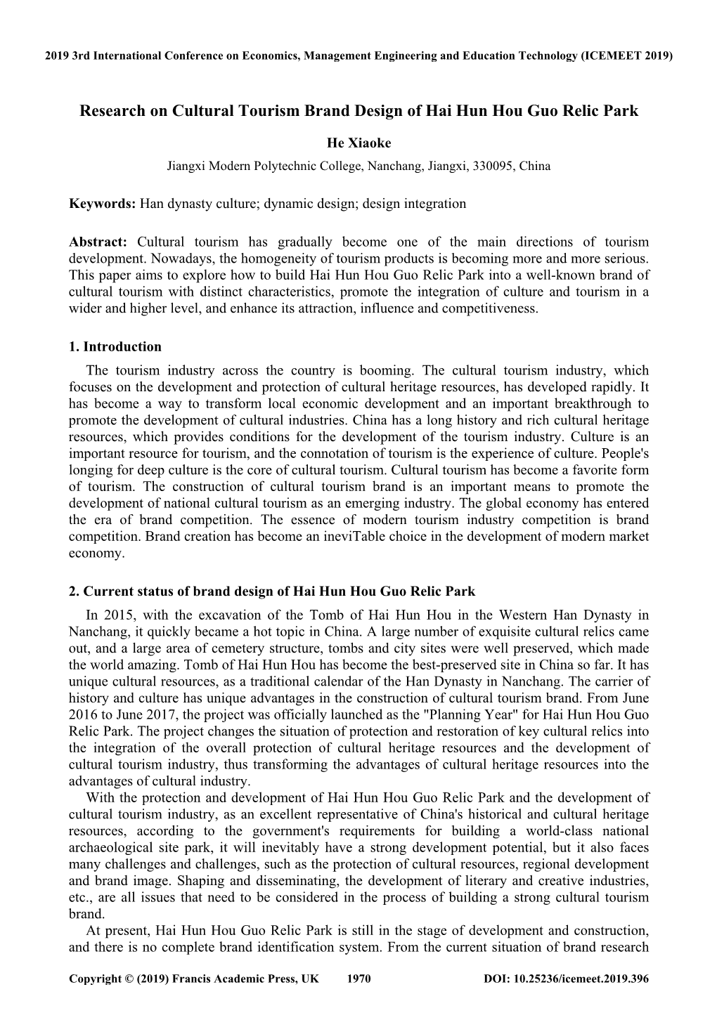 Research on Cultural Tourism Brand Design of Hai Hun Hou Guo Relic Park
