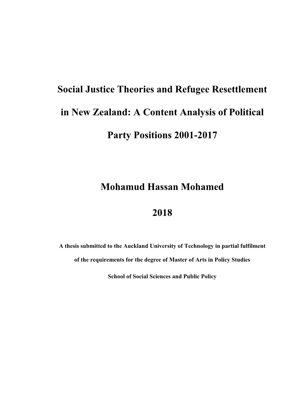Social Justice Theories and Refugee Resettlement in New Zealand: A