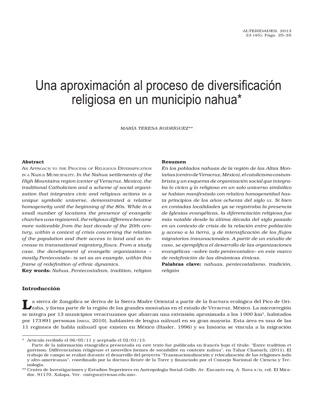 Una Aproximación Al Proceso De Diversificación Religiosa En Un Municipio Nahua*