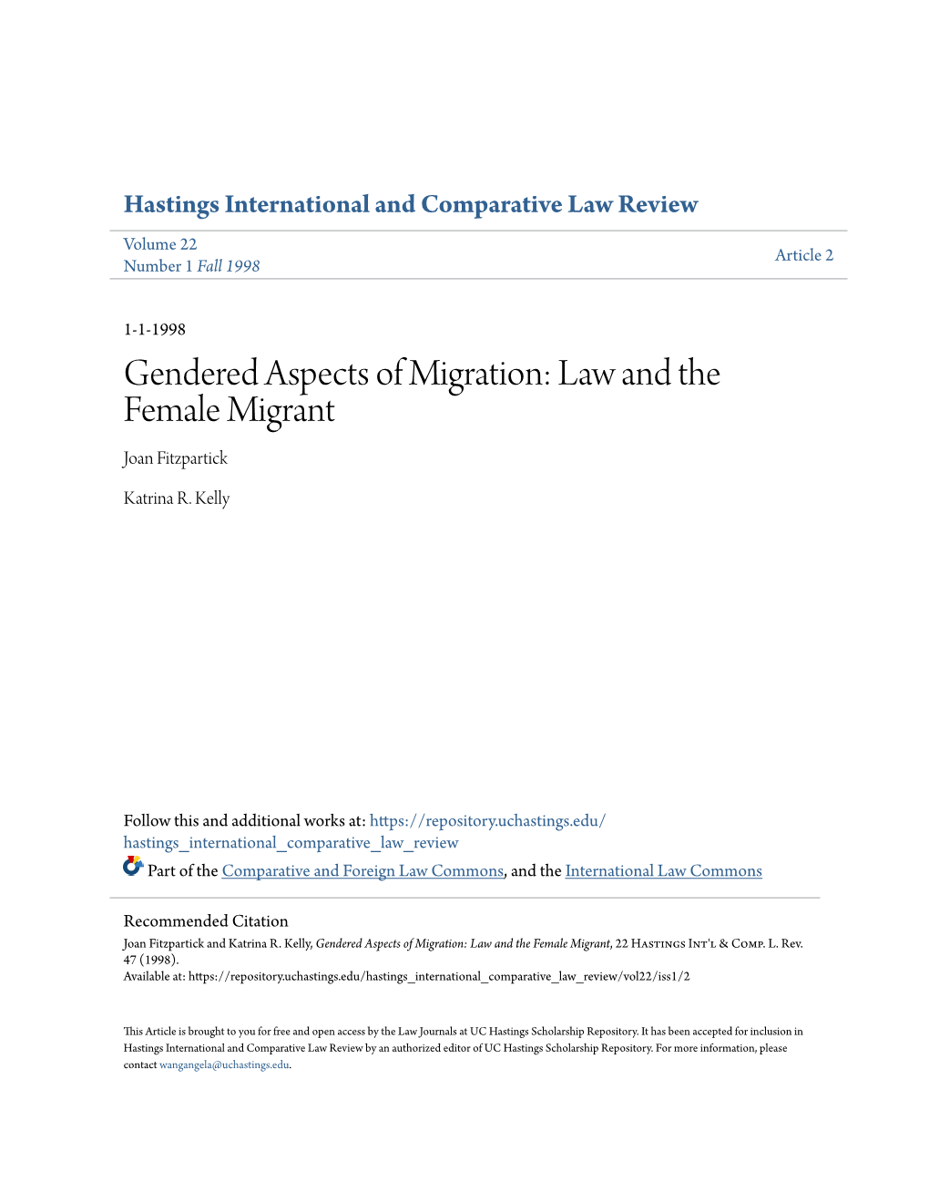 Gendered Aspects of Migration: Law and the Female Migrant Joan Fitzpartick