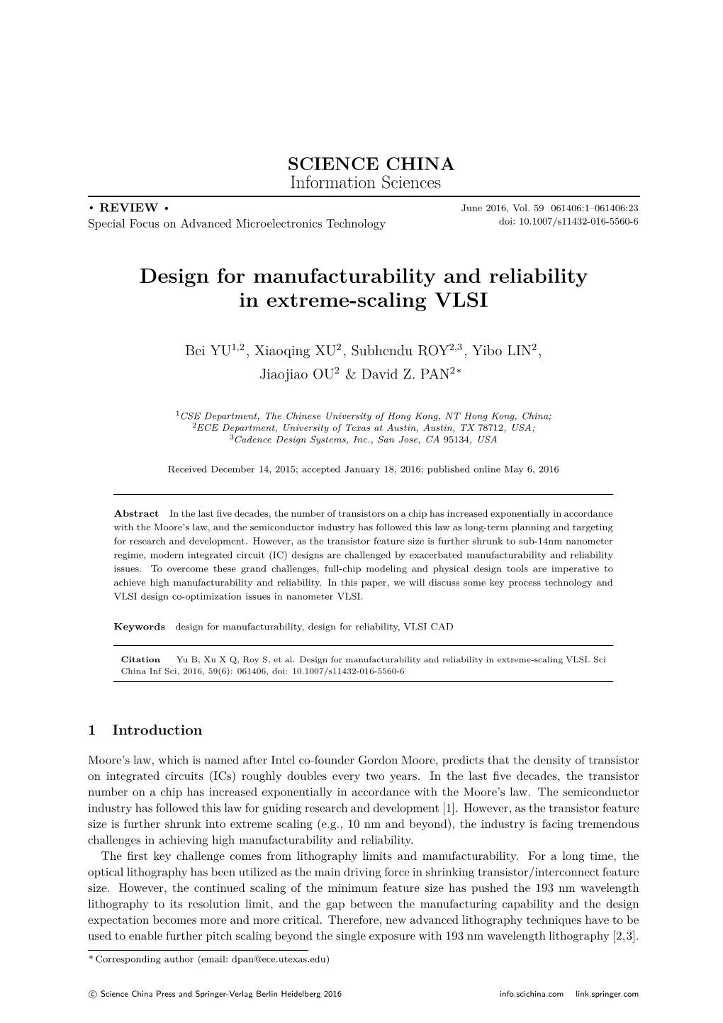 Design for Manufacturability and Reliability in Extreme-Scaling VLSI