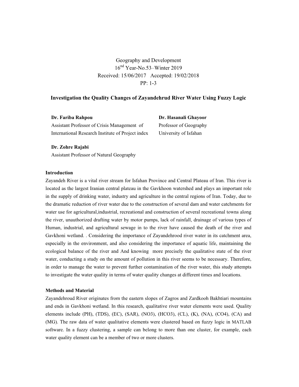 1 Geography and Development 16Nd Year-No.53–Winter 2019 Received