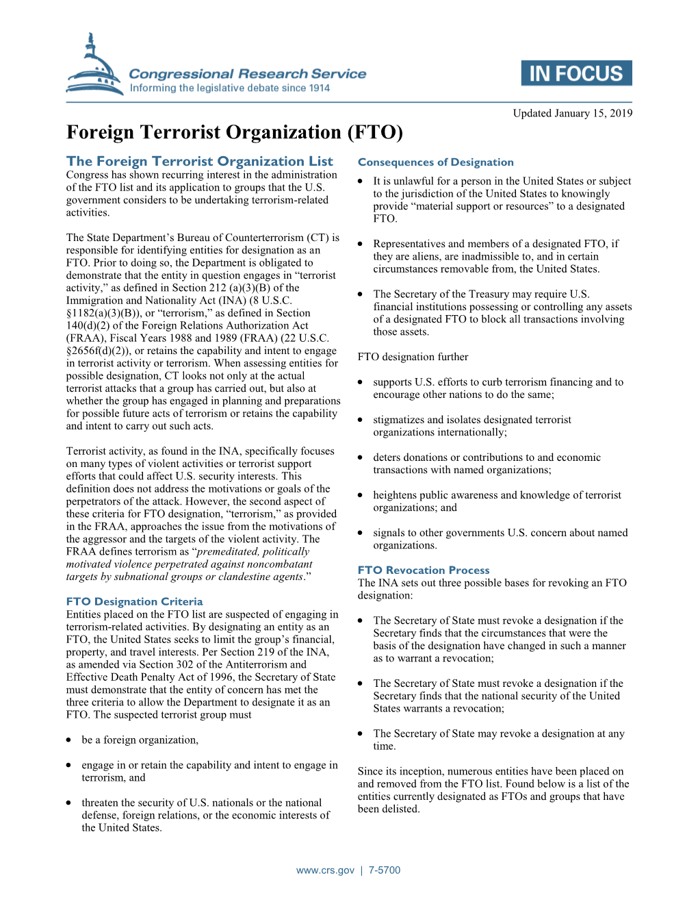 Foreign Terrorist Organization (FTO) Designation