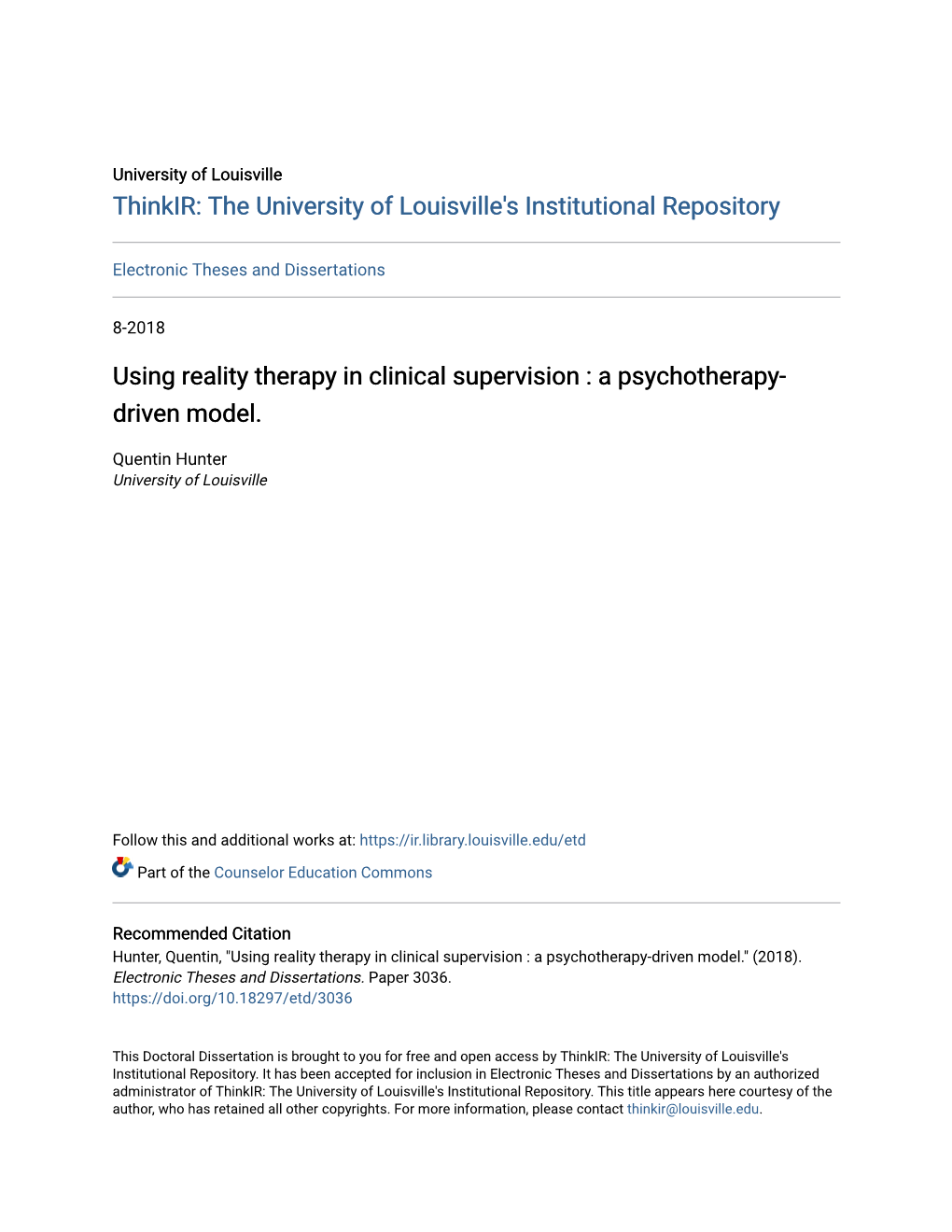 Using Reality Therapy in Clinical Supervision : a Psychotherapy- Driven Model