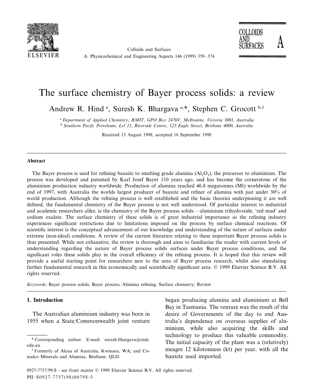 The Surface Chemistry of Bayer Process Solids: a Review