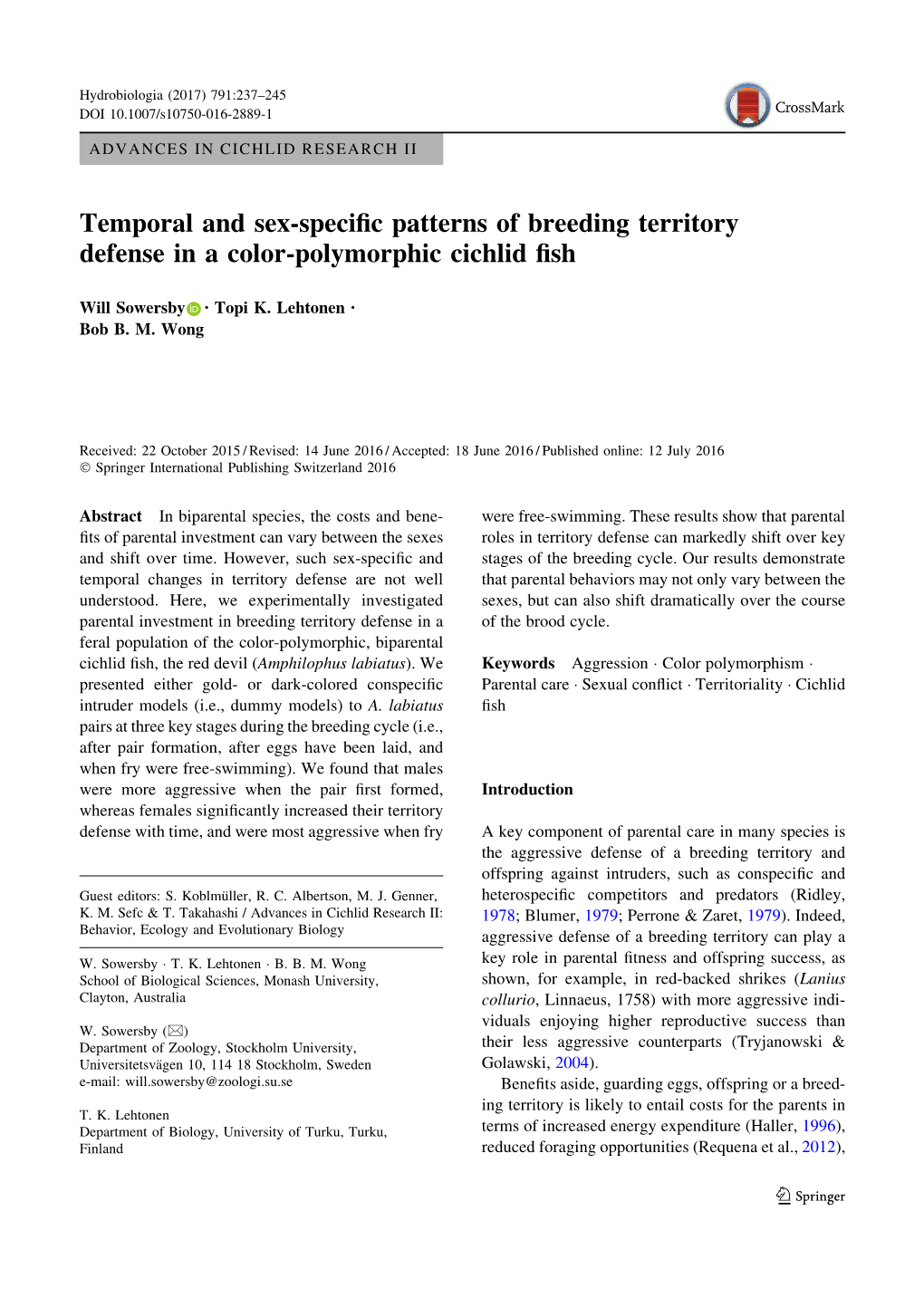 Temporal and Sex-Specific Patterns of Breeding Territory Defense in a Color