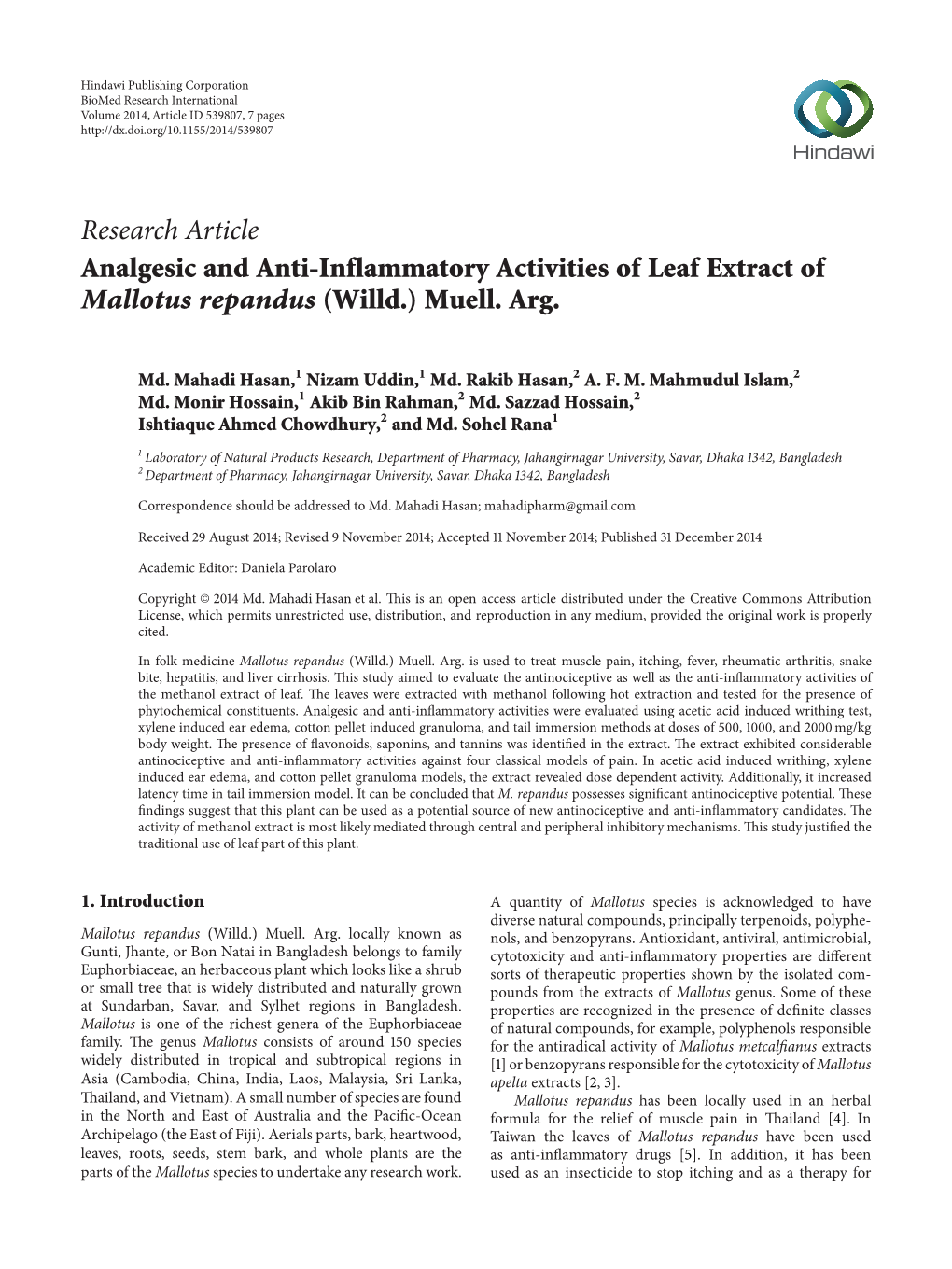 Analgesic and Anti-Inflammatory Activities of Leaf Extract of Mallotus Repandus (Willd.) Muell