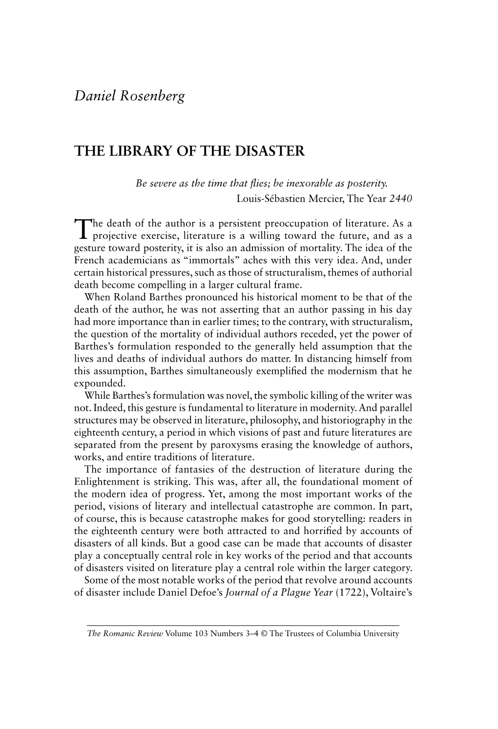 Daniel Rosenberg the LIBRARY of the DISASTER