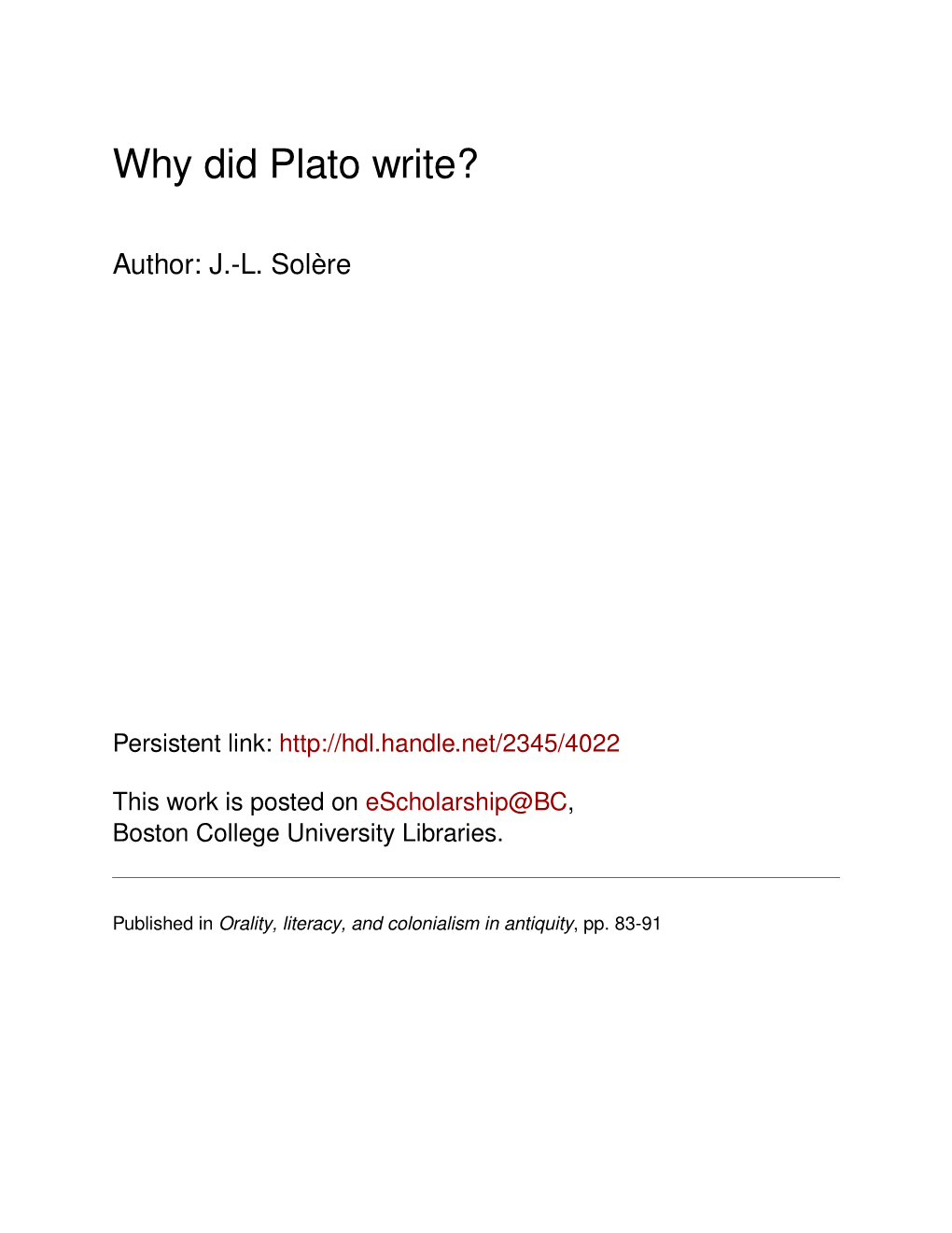 Why Did Plato Write?