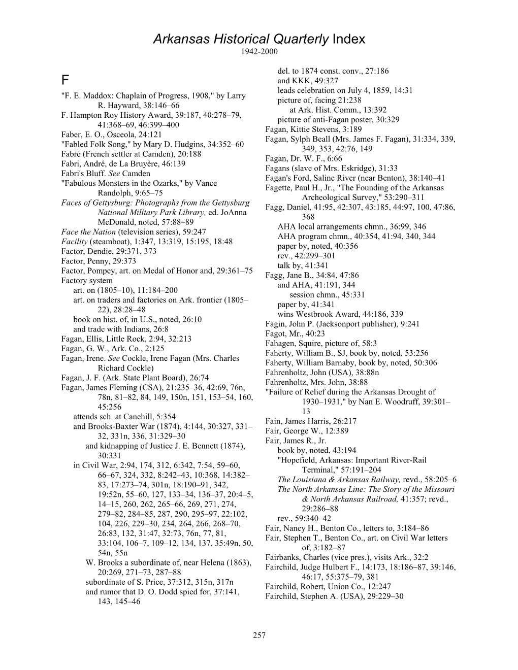 Arkansas Historical Quarterly Index F