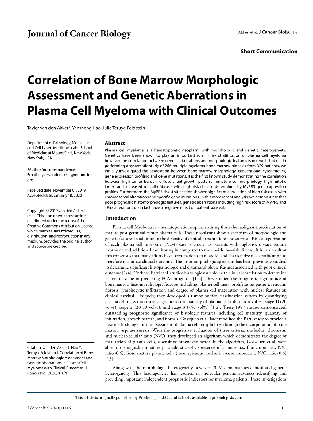 Correlation of Bone Marrow Morphologic Assessment and Genetic Aberrations in Plasma Cell Myeloma with Clinical Outcomes