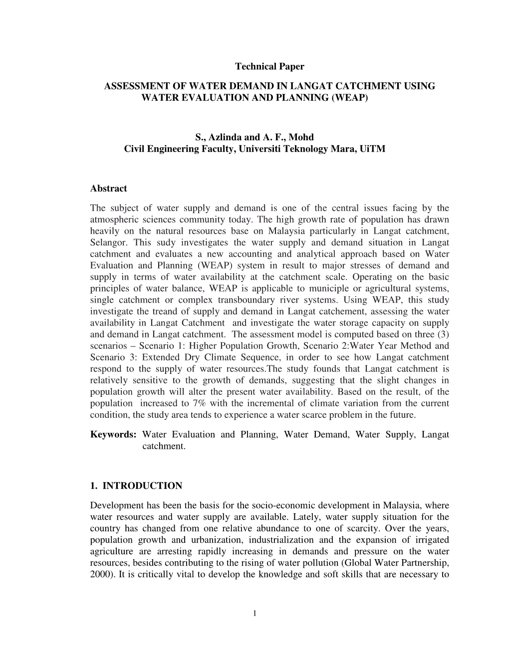 Technical Paper ASSESSMENT of WATER DEMAND in LANGAT CATCHMENT USING WATER EVALUATION and PLANNING (WEAP)