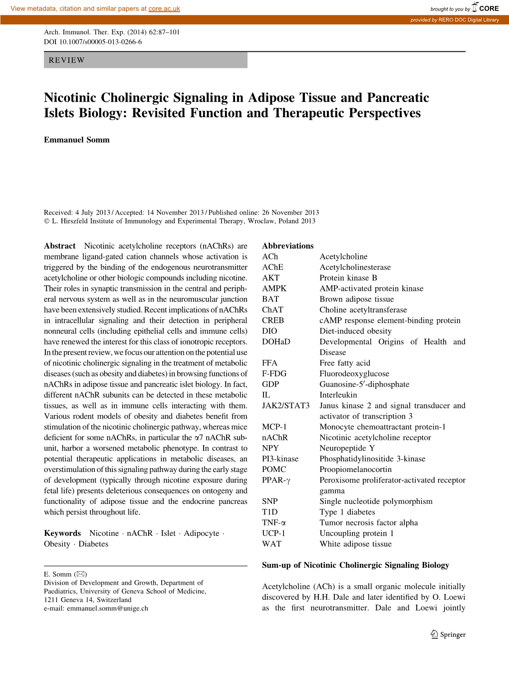 Nicotinic Cholinergic Signaling in Adipose Tissue and Pancreatic Islets Biology: Revisited Function and Therapeutic Perspectives