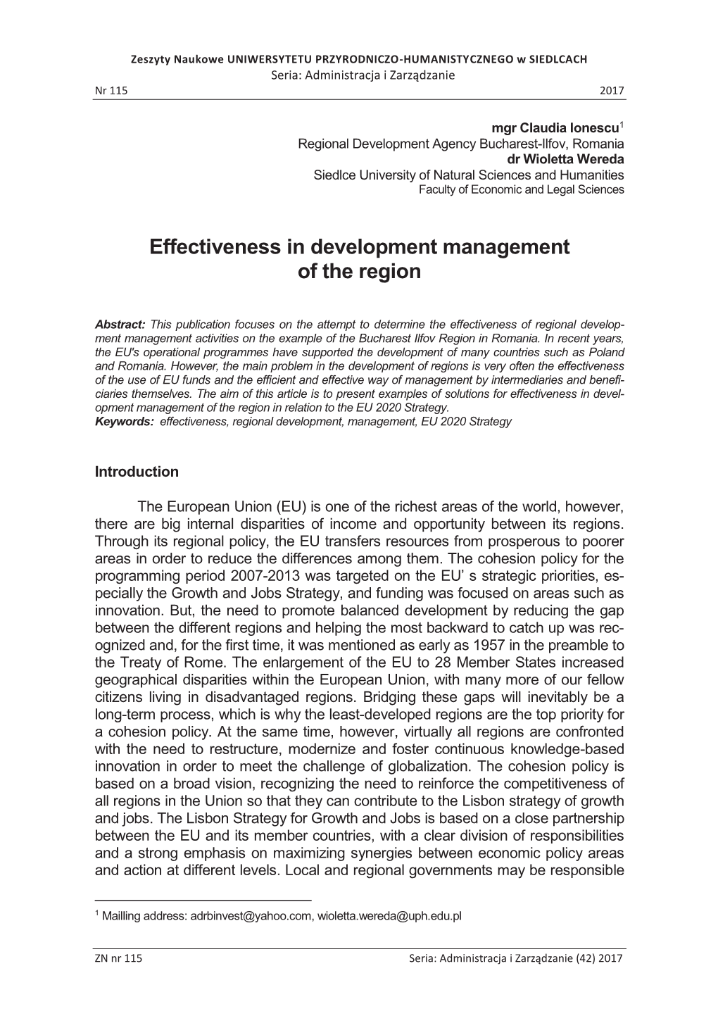Effectiveness in Development Management of the Region