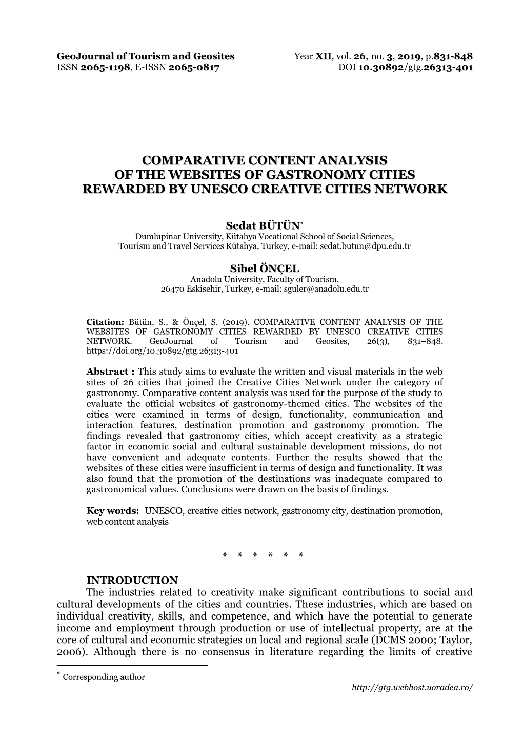 Comparative Content Analysis of the Websites of Gastronomy Cities Rewarded by Unesco Creative Cities Network