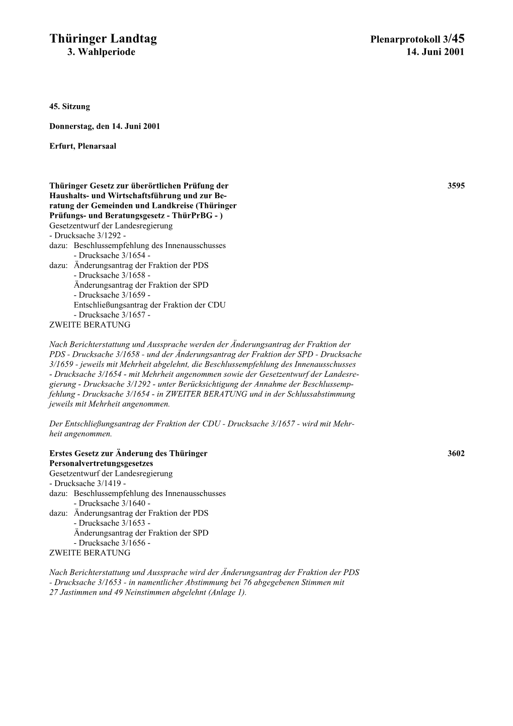 Plenarprotokoll 3/45 3. Wahlperiode 14. Juni 2001