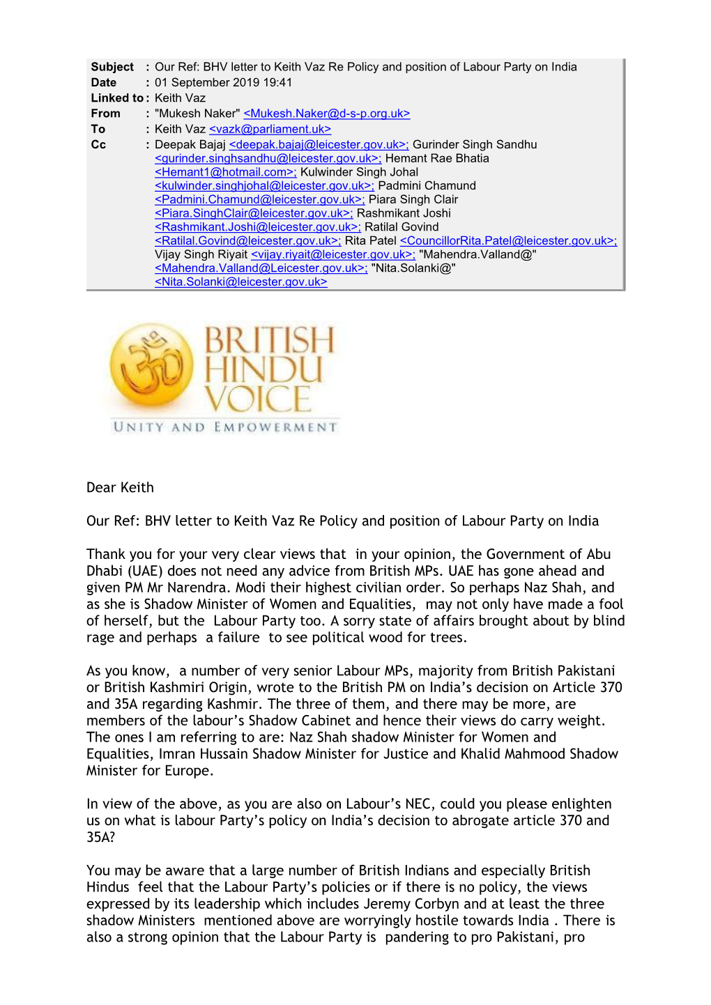 BHV Letter to Keith Vaz Re Policy and Position of Labour Party on India