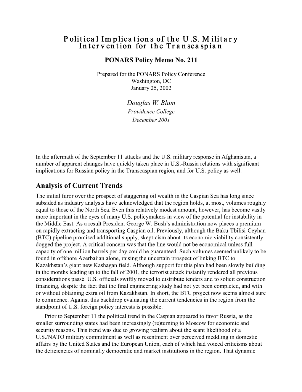 Political Implications of the U.S. Military Intervention for the Transcaspian