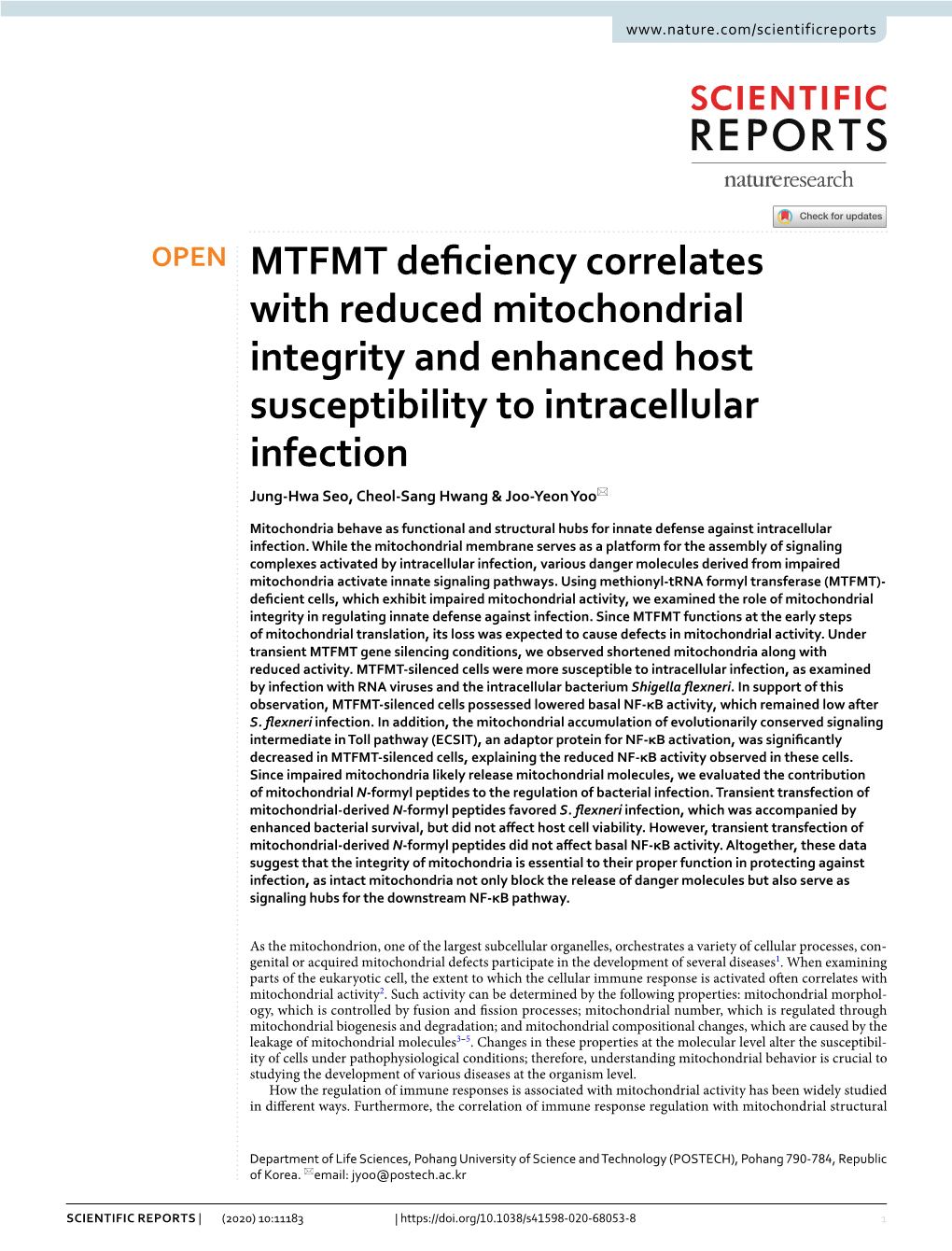 MTFMT Deficiency Correlates with Reduced Mitochondrial Integrity And