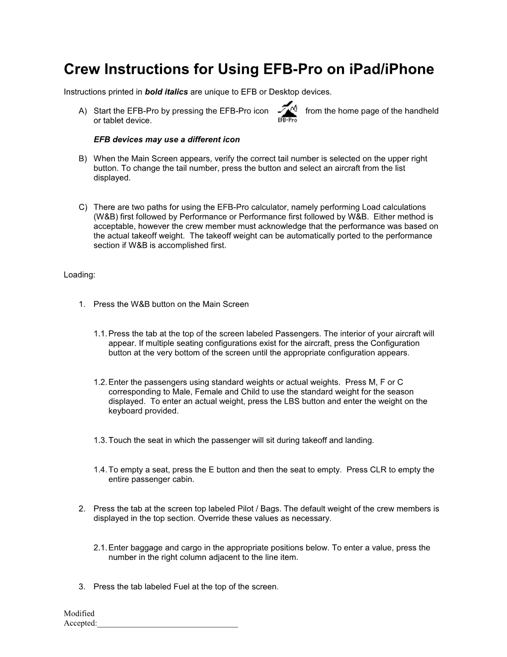 Crew Instructions for Using EFB-Pro to Perform W&B
