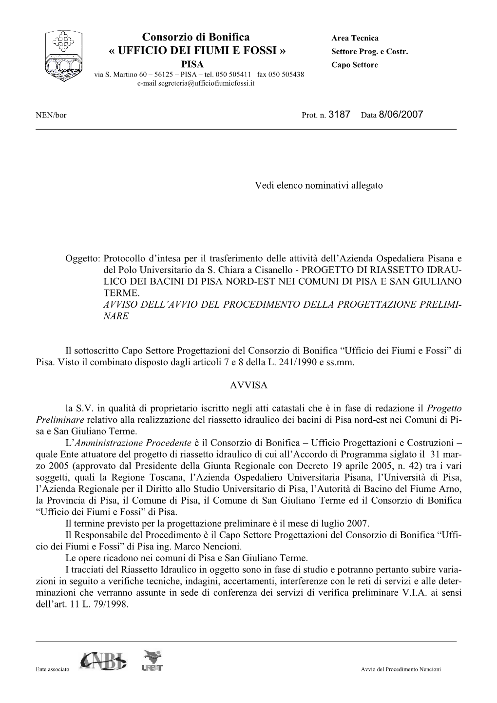 Consorzio Di Bonifica Area Tecnica « UFFICIO DEI FIUMI E FOSSI » Settore Prog