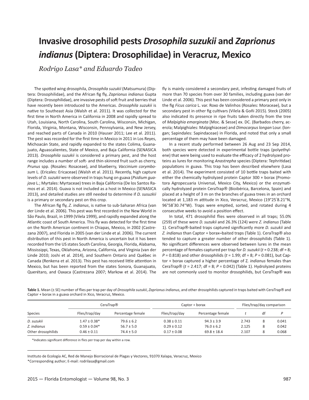 Invasive Drosophilid Pests Drosophila Suzukii and Zaprionus Indianus (Diptera: Drosophilidae) in Veracruz, Mexico Rodrigo Lasa* and Eduardo Tadeo