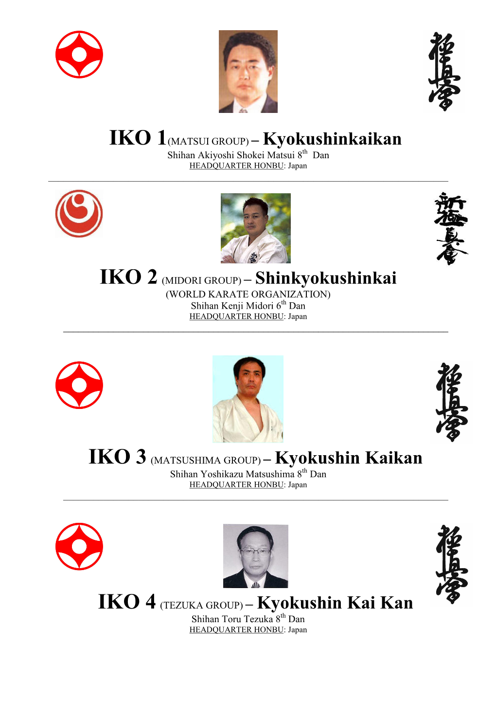 Kyokushin Kaikan Shihan Yoshikazu Matsushima 8 Th Dan HEADQUARTER HONBU : Japan ______