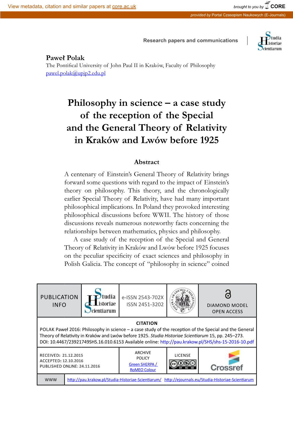 Philosophy in Science – a Case Study of the Reception of the Special and the General Theory of Relativity in Kraków and Lwów Before 1925