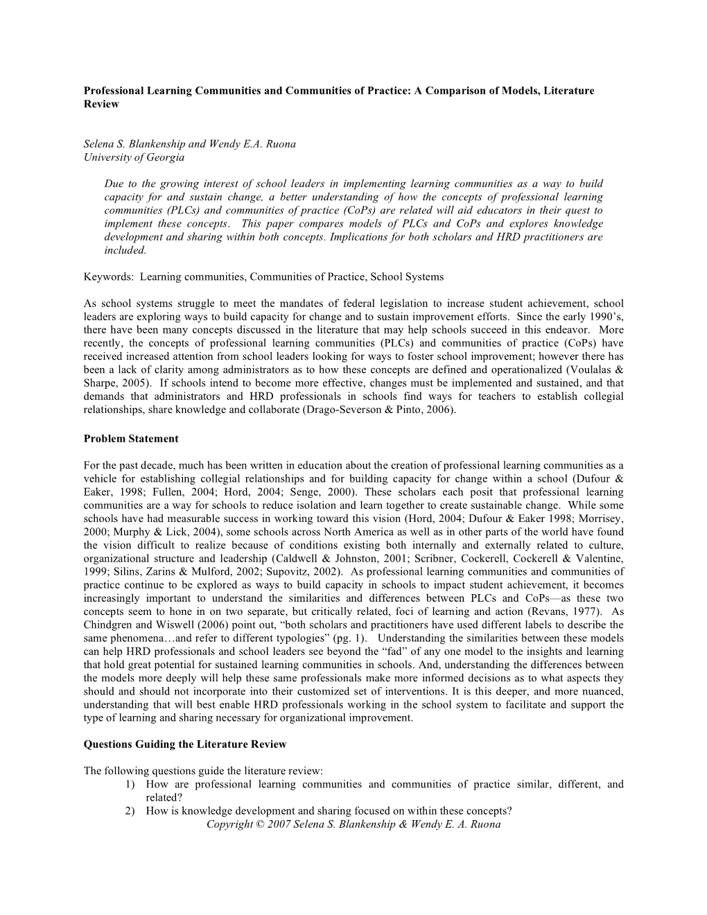 Professional Learning Communities and Communities of Practice: a Comparison of Models, Literature Review