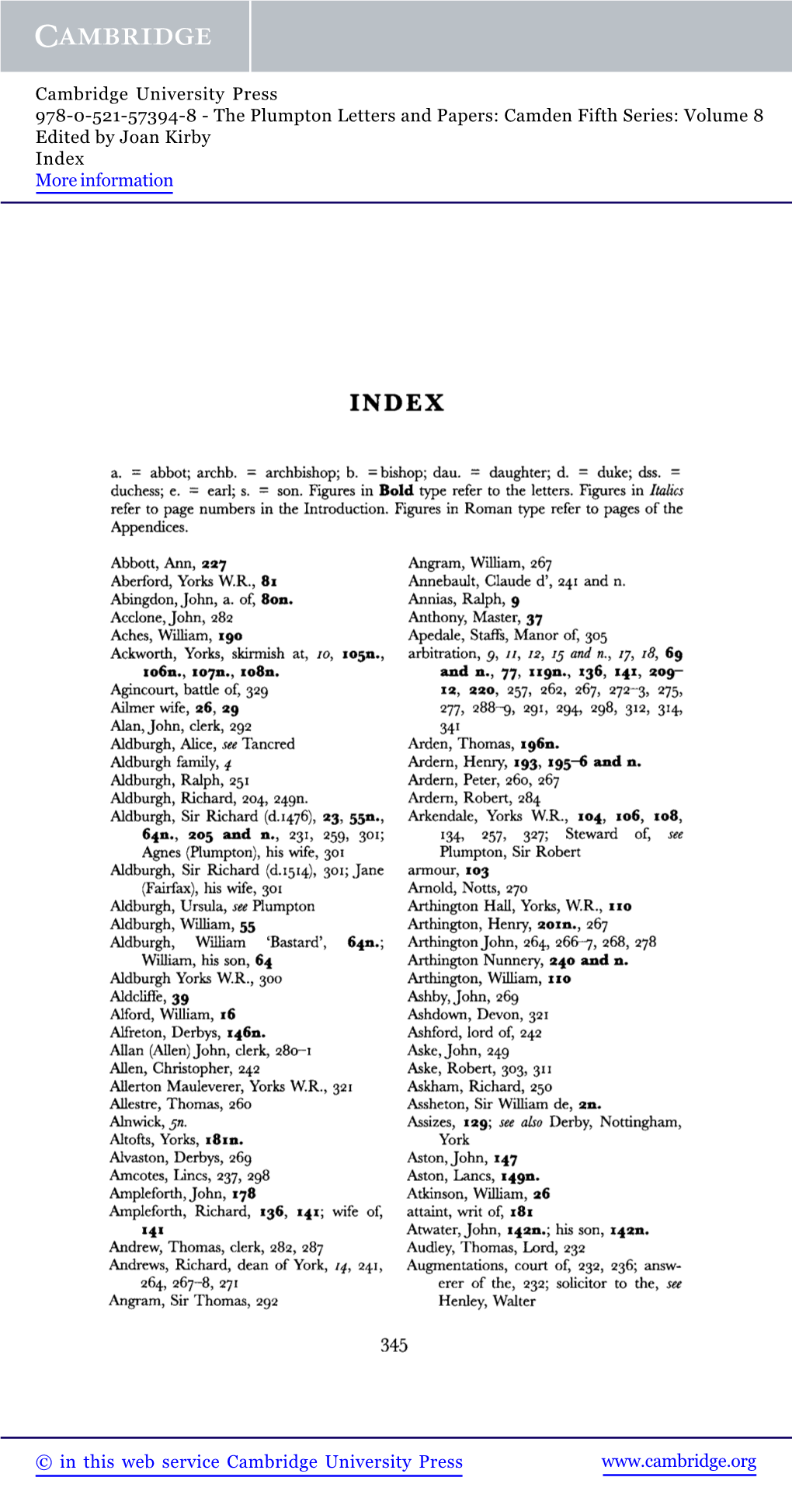 The Plumpton Letters and Papers: Camden Fifth Series: Volume 8 Edited by Joan Kirby Index More Information