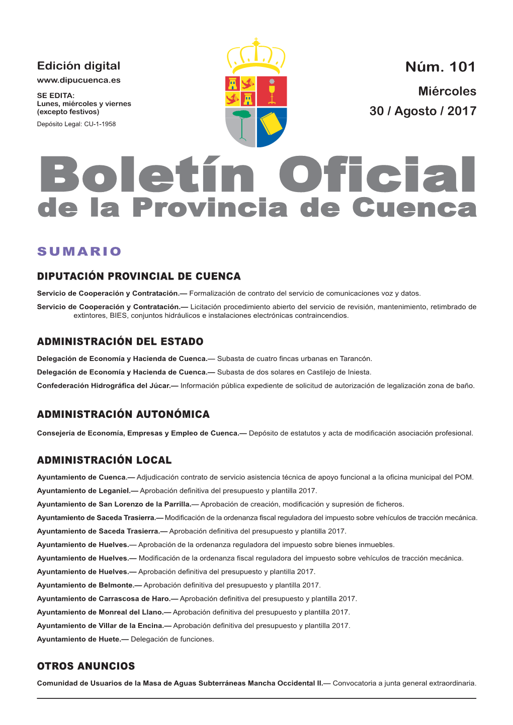 Boletín Oficial De La Provincia De Cuenca Sumario Diputación Provincial De Cuenca