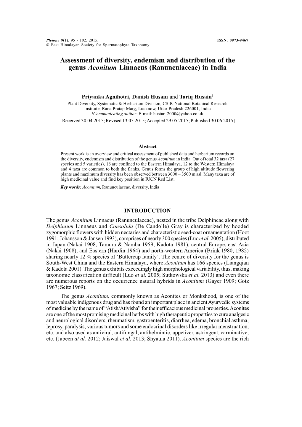 Assessment of Diversity, Endemism and Distribution of the Genus Aconitum Linnaeus (Ranunculaceae) in India