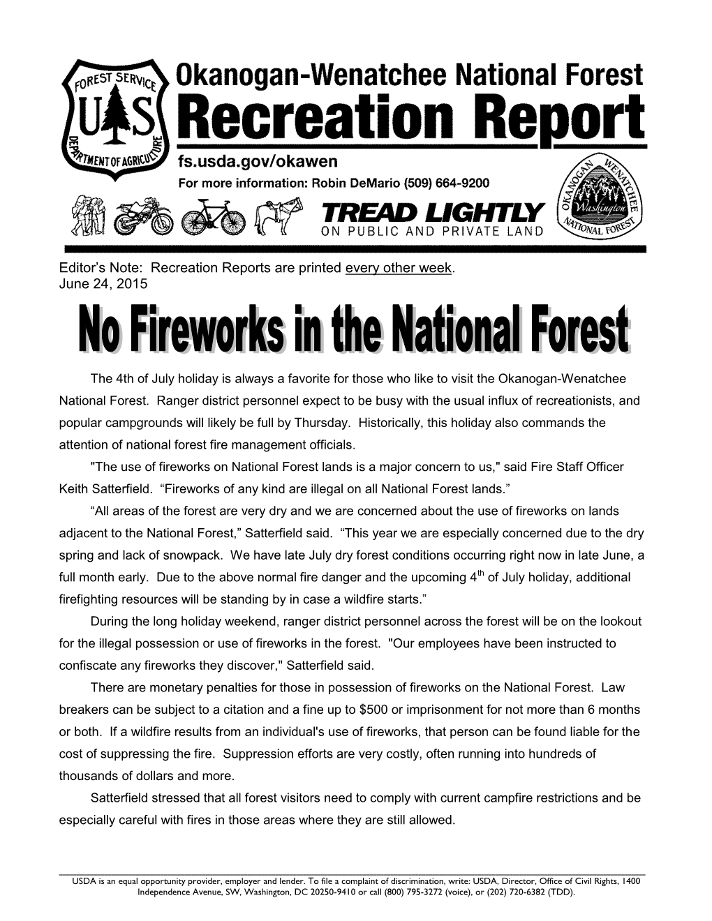 Editor's Note: Recreation Reports Are Printed Every Week Through