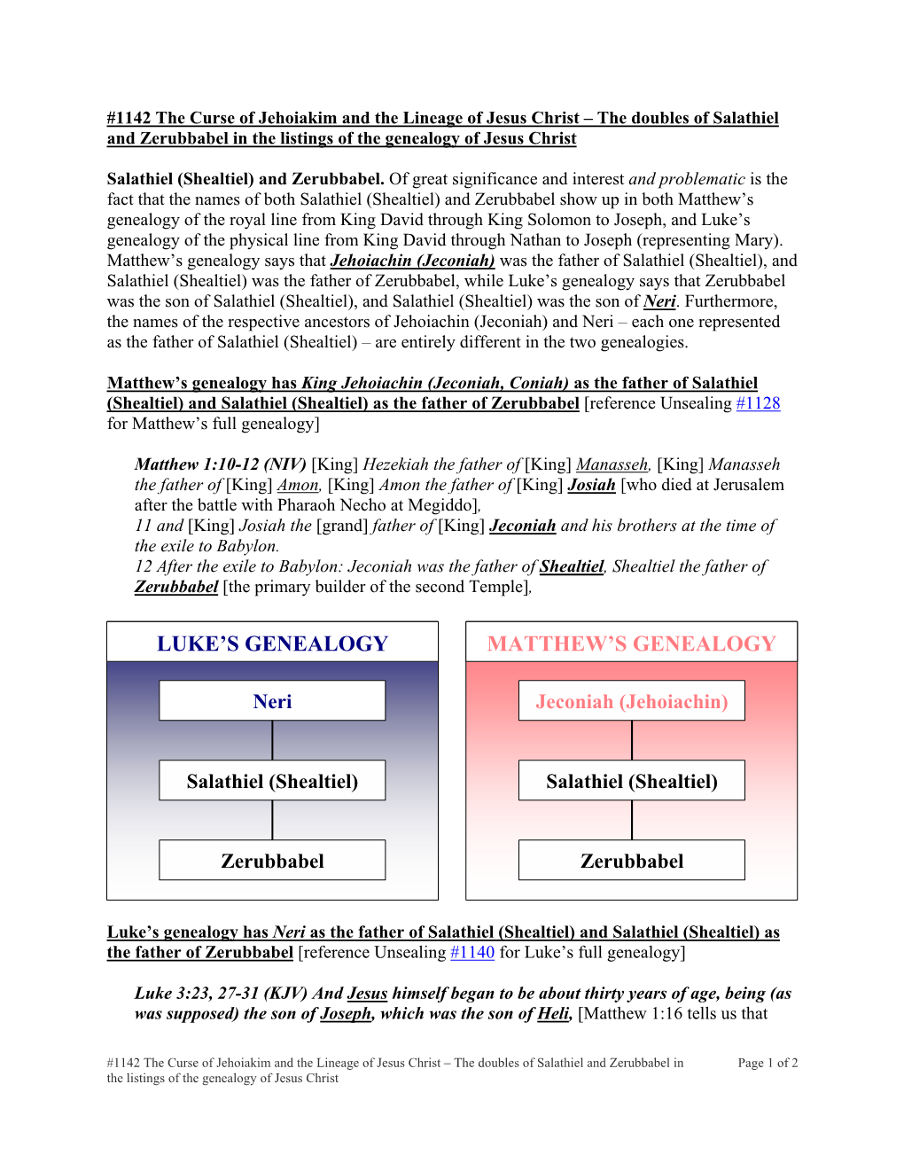1142 the Curse of Jehoiakim and the Lineage of Jesus Christ – the Doubles of Salathiel and Zerubbabel in the Listings of the Genealogy of Jesus Christ