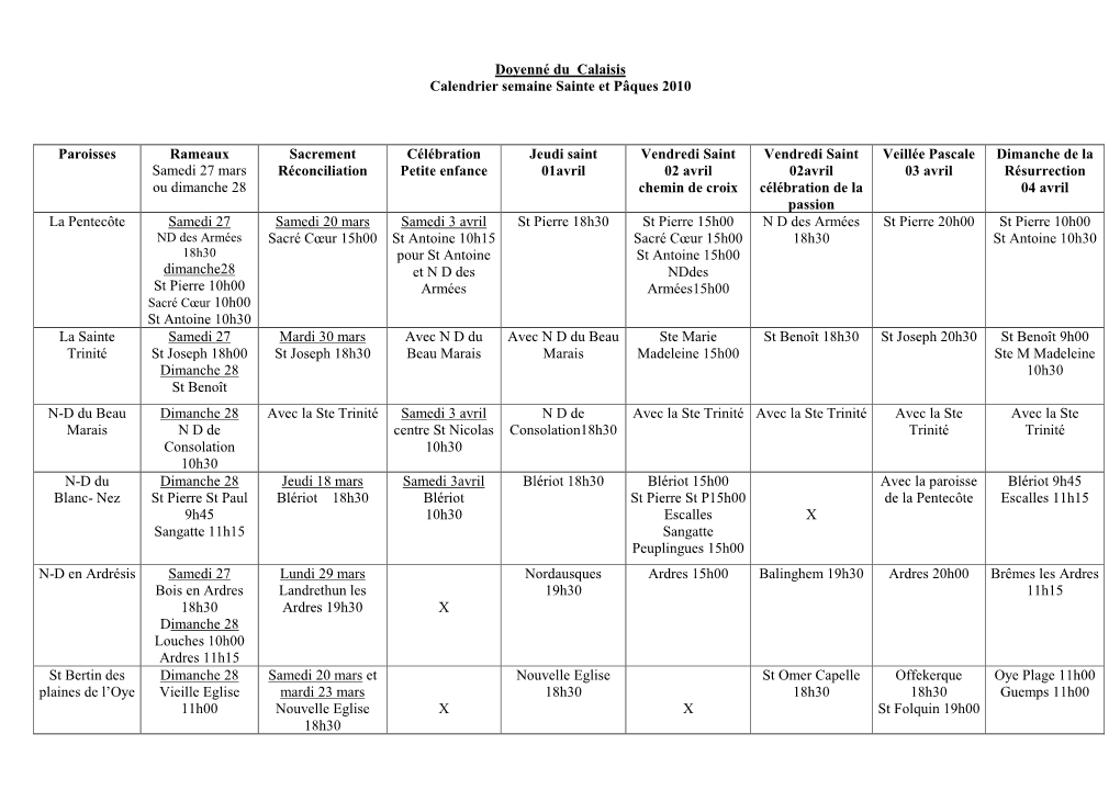 Doyenné Du Calaisis Calendrier Semaine Sainte Et Pâques 2010