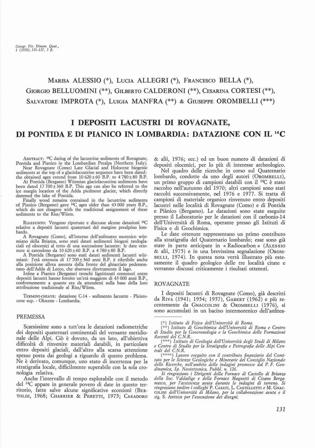 I Depositi Lacustri Di Rovagnate, Di Pontida E Di Pianico in Lombardia: Datazione Con Il 14C